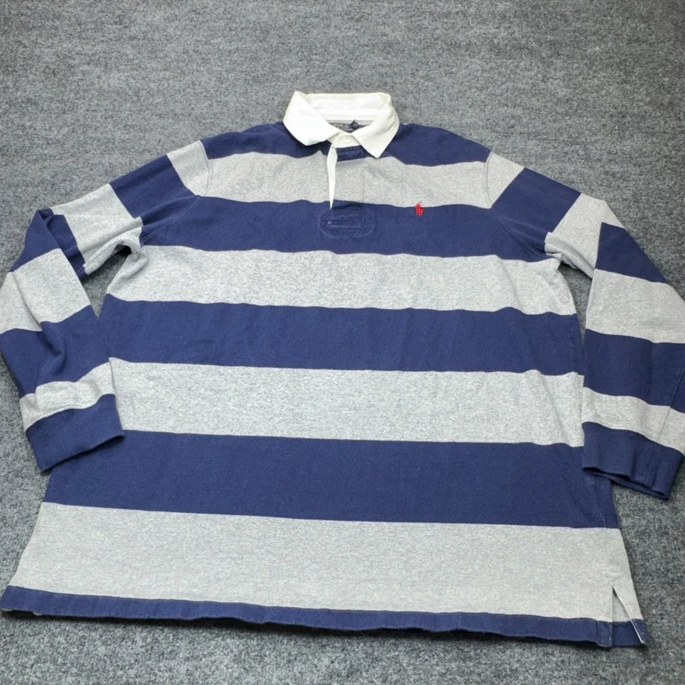 Polo Ralph Lauren IconicRugby Mens XXL Blue Gray Striped Long Sleeve Shirt Pony